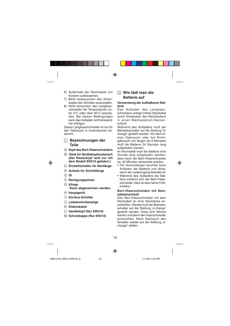 1 bezeichnungen der teile, 2 wie lädt man die batterie auf | Panasonic ER214/216 User Manual | Page 13 / 62