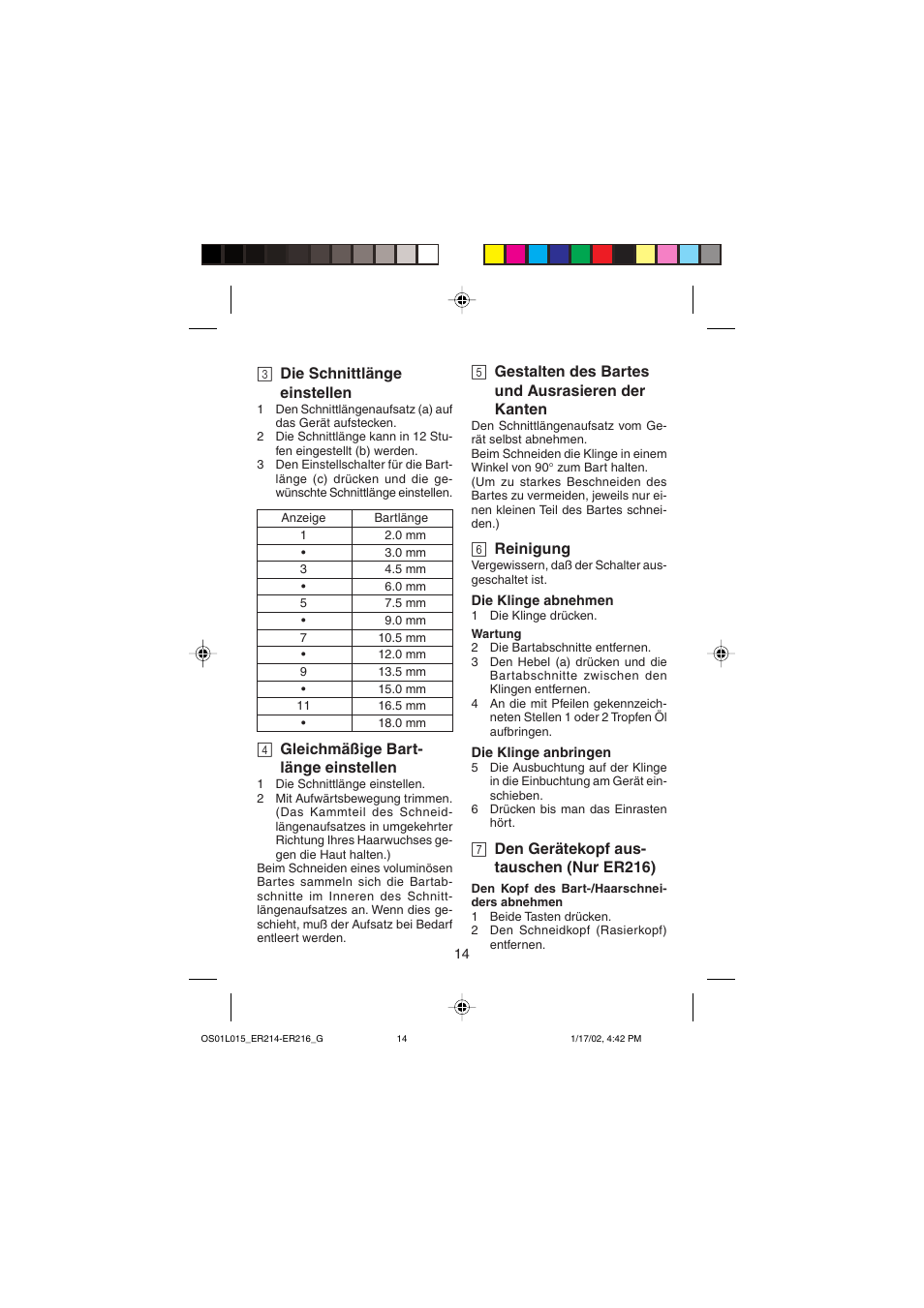 3 die schnittlänge einstellen, 4 gleichmäßige bart- länge einstellen, 5 gestalten des bartes und ausrasieren der kanten | 6 reinigung, 7 den gerätekopf aus- tauschen (nur er216) | Panasonic ER214/216 User Manual | Page 14 / 62