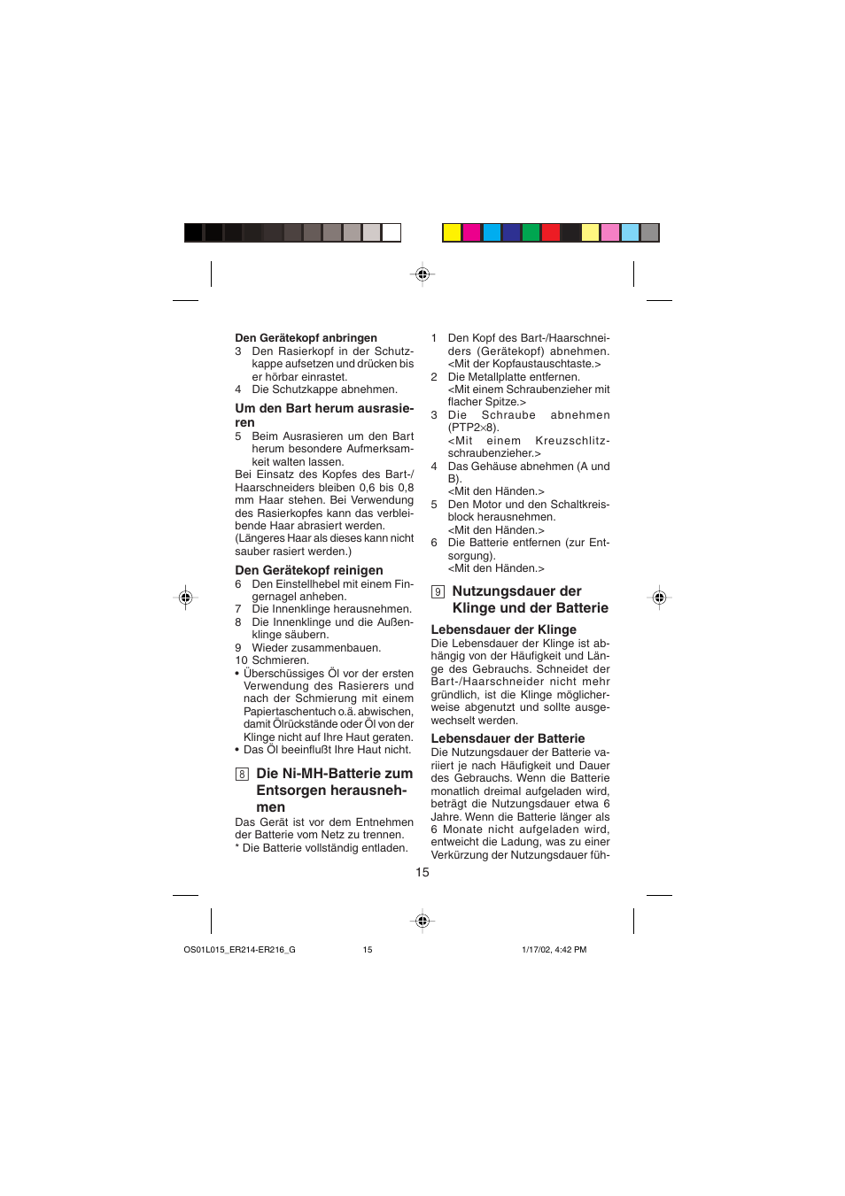 8 die ni-mh-batterie zum entsorgen herausneh- men, 9 nutzungsdauer der klinge und der batterie | Panasonic ER214/216 User Manual | Page 15 / 62