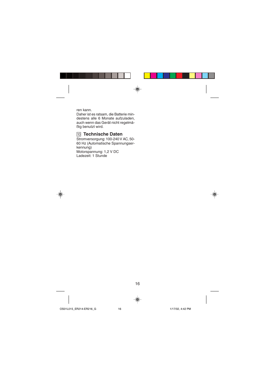 0 technische daten | Panasonic ER214/216 User Manual | Page 16 / 62