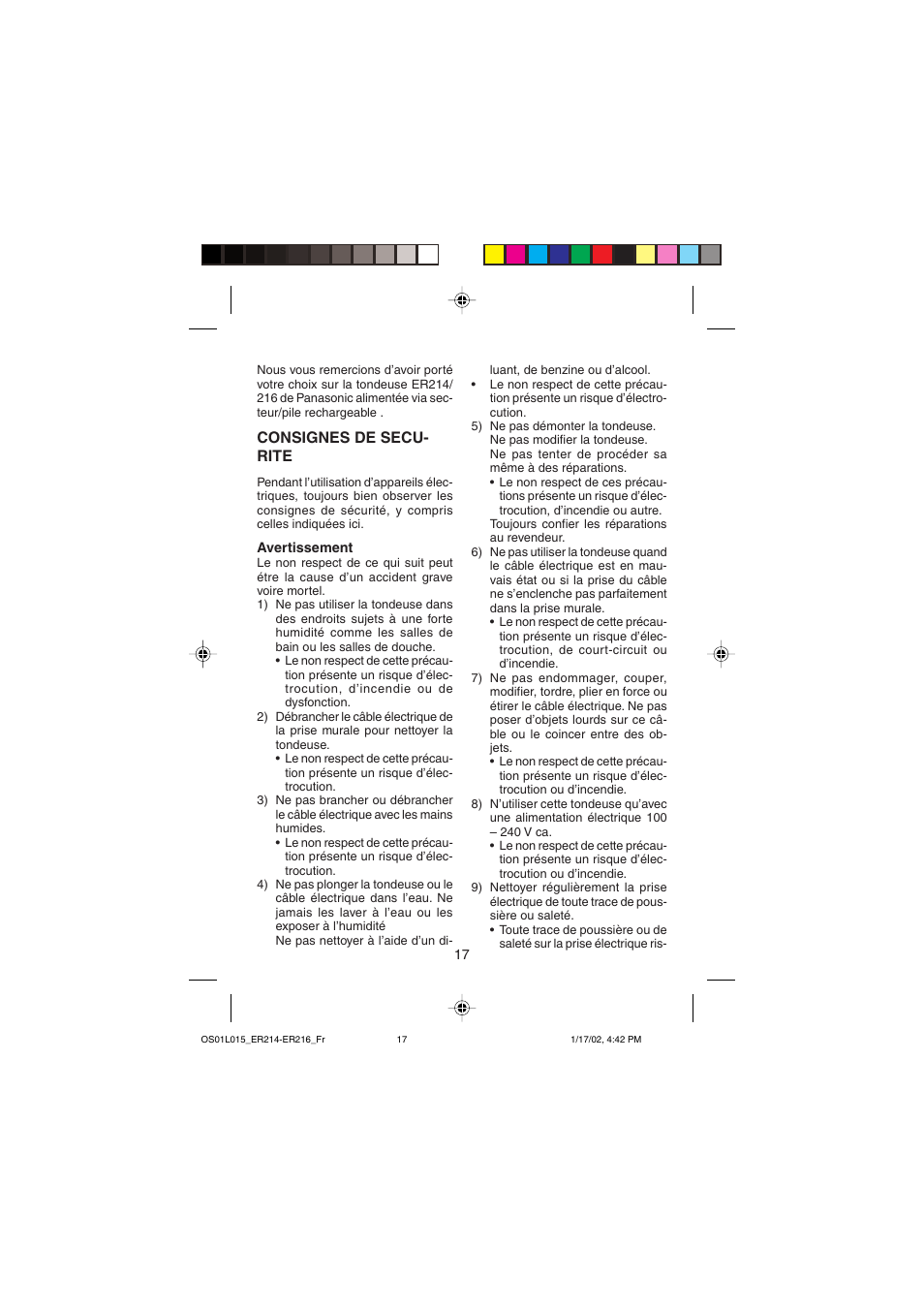 Consignes de secu- rite | Panasonic ER214/216 User Manual | Page 17 / 62