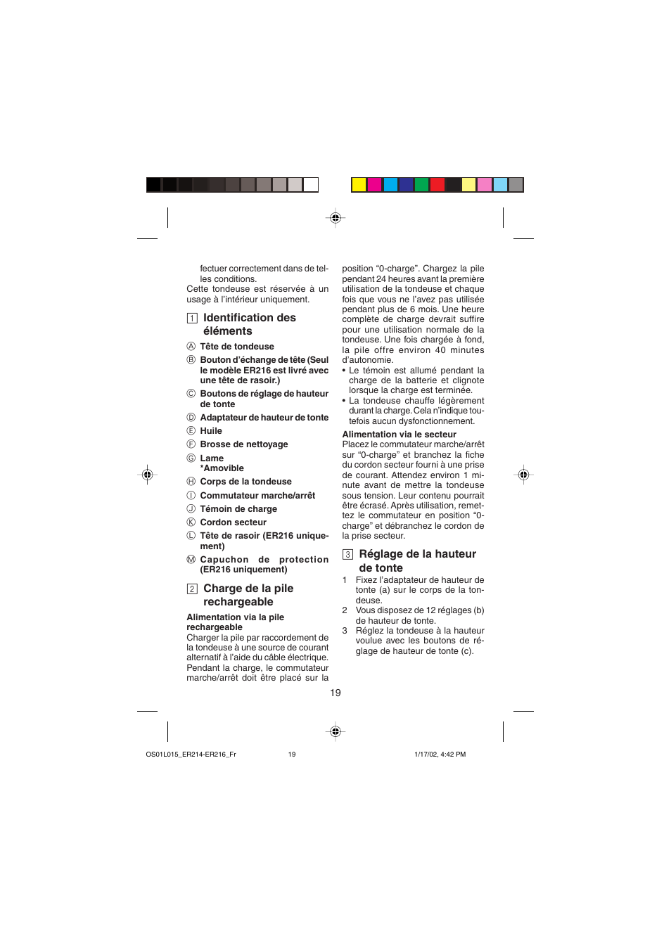 1 identification des éléments, 2 charge de la pile rechargeable, 3 réglage de la hauteur de tonte | Panasonic ER214/216 User Manual | Page 19 / 62