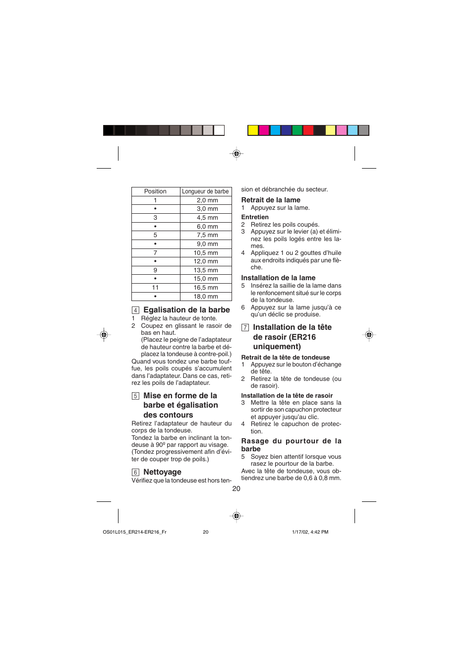 4 egalisation de la barbe, 6 nettoyage | Panasonic ER214/216 User Manual | Page 20 / 62