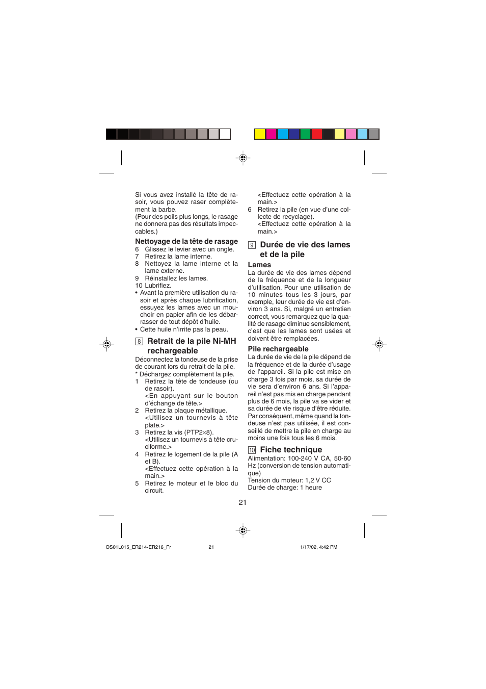 8 retrait de la pile ni-mh rechargeable, 9 durée de vie des lames et de la pile, 0 fiche technique | Panasonic ER214/216 User Manual | Page 21 / 62
