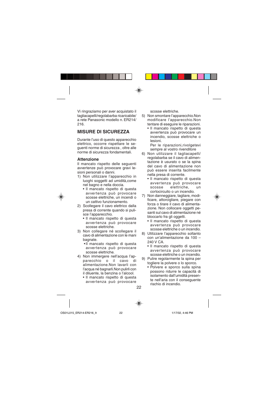 Misure di sicurezza | Panasonic ER214/216 User Manual | Page 22 / 62