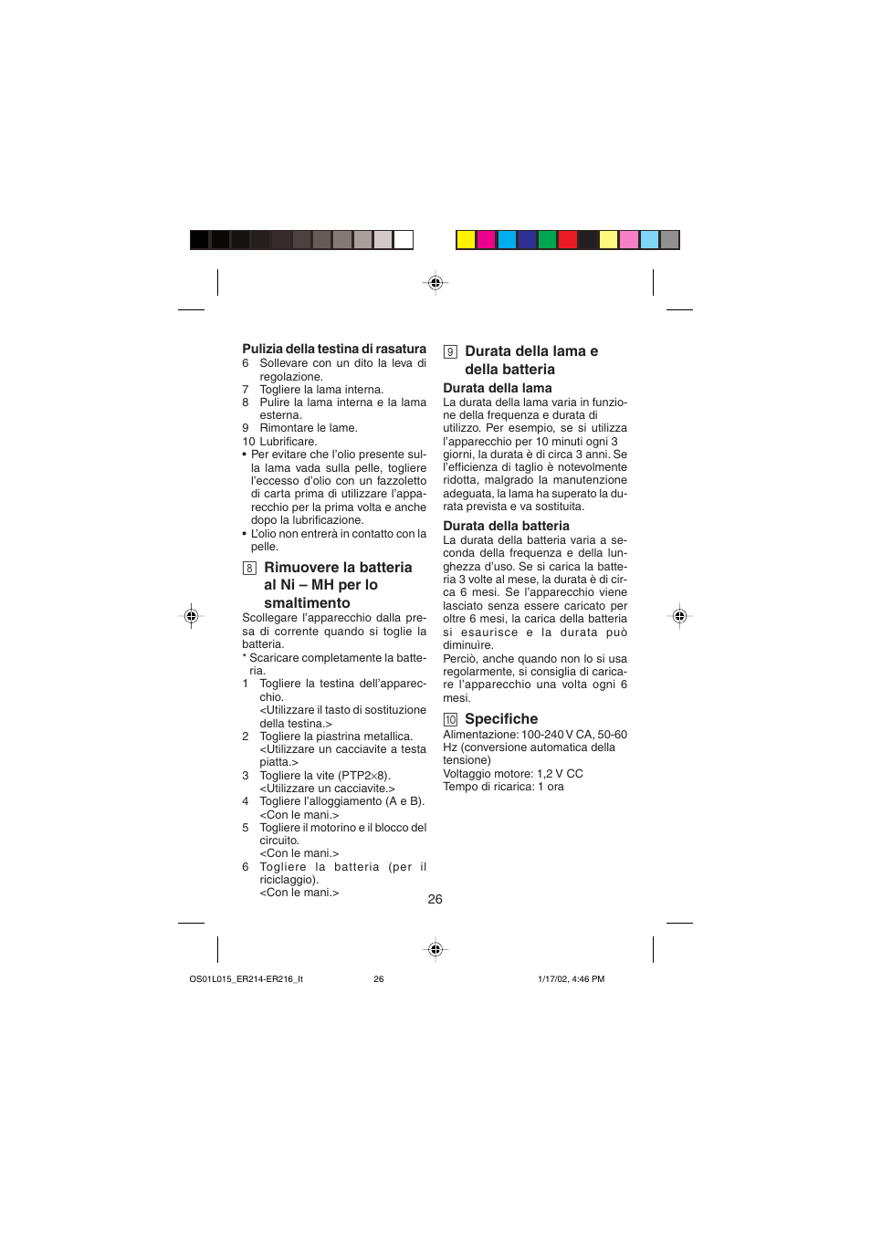 9 durata della lama e della batteria, 0 specifiche | Panasonic ER214/216 User Manual | Page 26 / 62