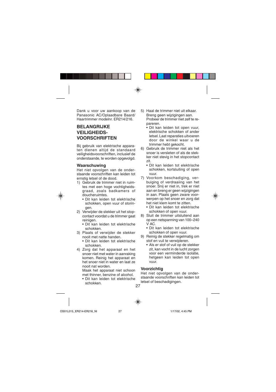 Belangrijke veiligheids- voorschriften | Panasonic ER214/216 User Manual | Page 27 / 62