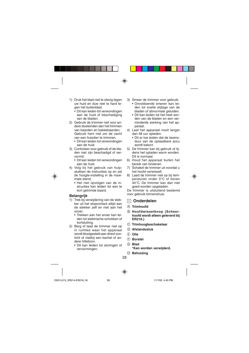 1 onderdelen | Panasonic ER214/216 User Manual | Page 28 / 62