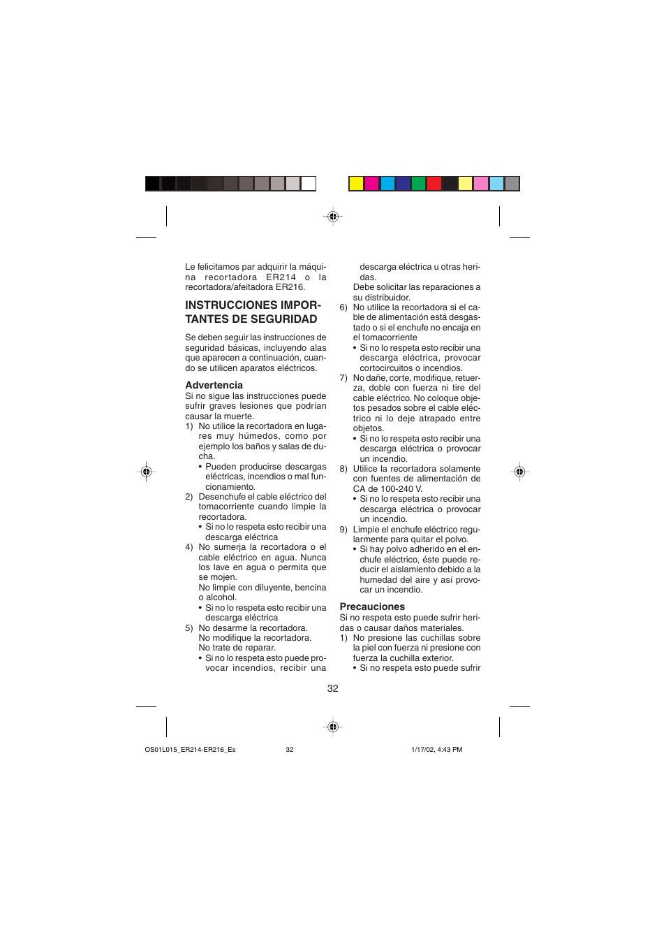 Instrucciones impor- tantes de seguridad | Panasonic ER214/216 User Manual | Page 32 / 62