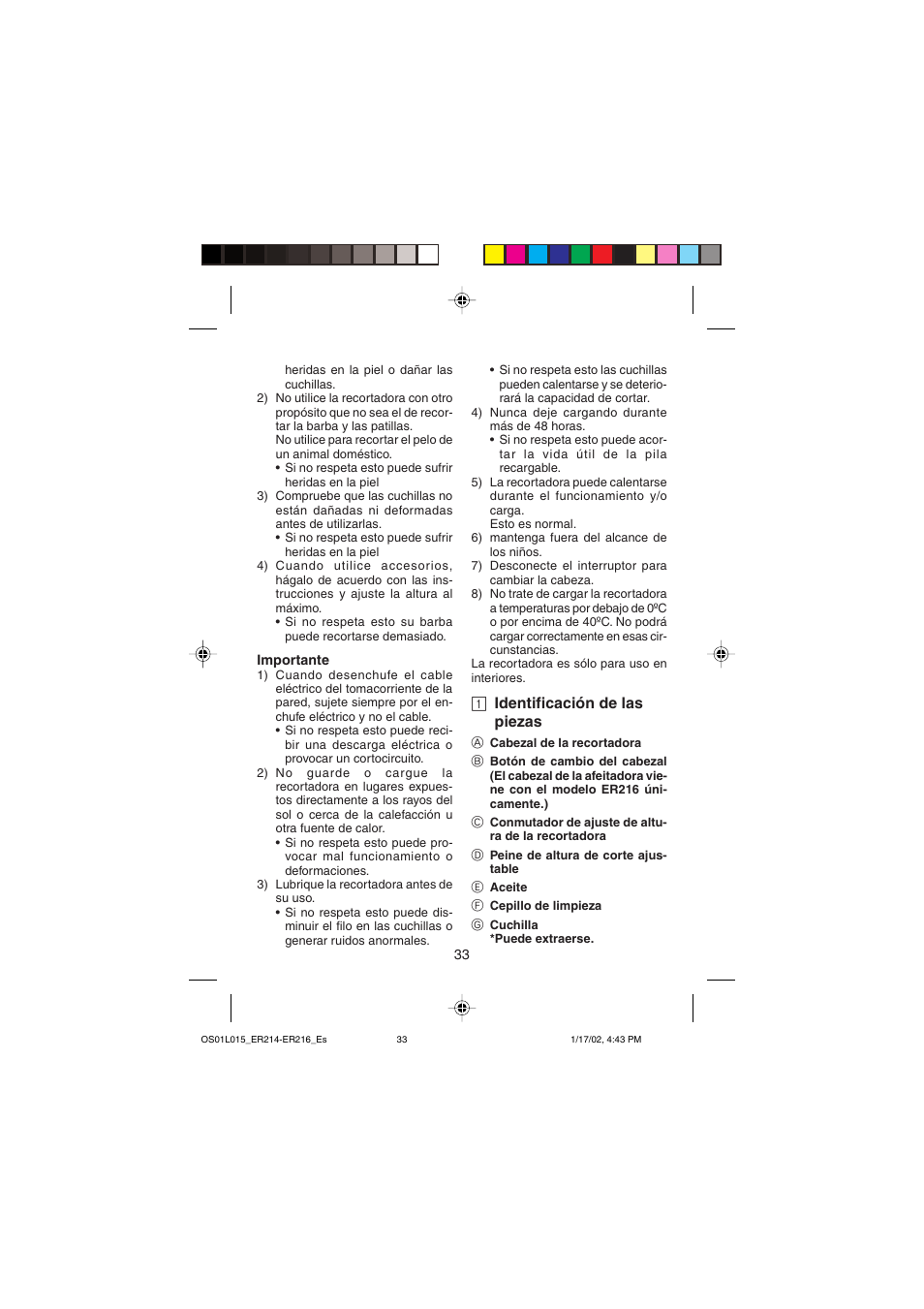 1 identificación de las piezas | Panasonic ER214/216 User Manual | Page 33 / 62