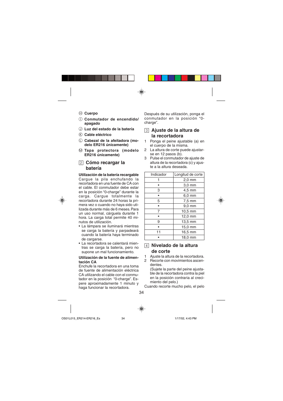 2 cómo recargar la batería, 3 ajuste de la altura de la recortadora, 4 nivelado de la altura de corte | Panasonic ER214/216 User Manual | Page 34 / 62