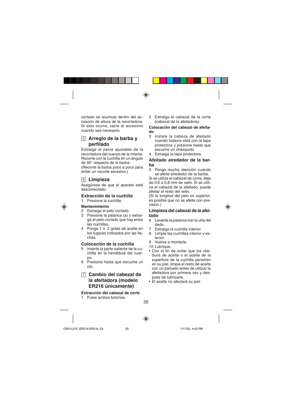 5 arreglo de la barba y perfilado, 6 limpieza | Panasonic ER214/216 User Manual | Page 35 / 62