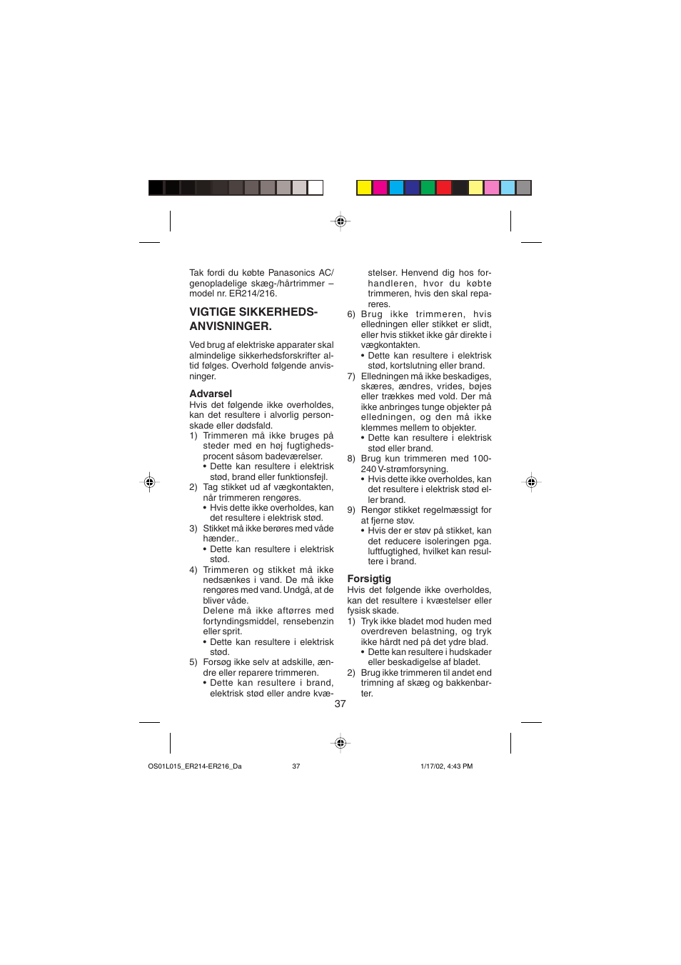 Vigtige sikkerheds- anvisninger | Panasonic ER214/216 User Manual | Page 37 / 62