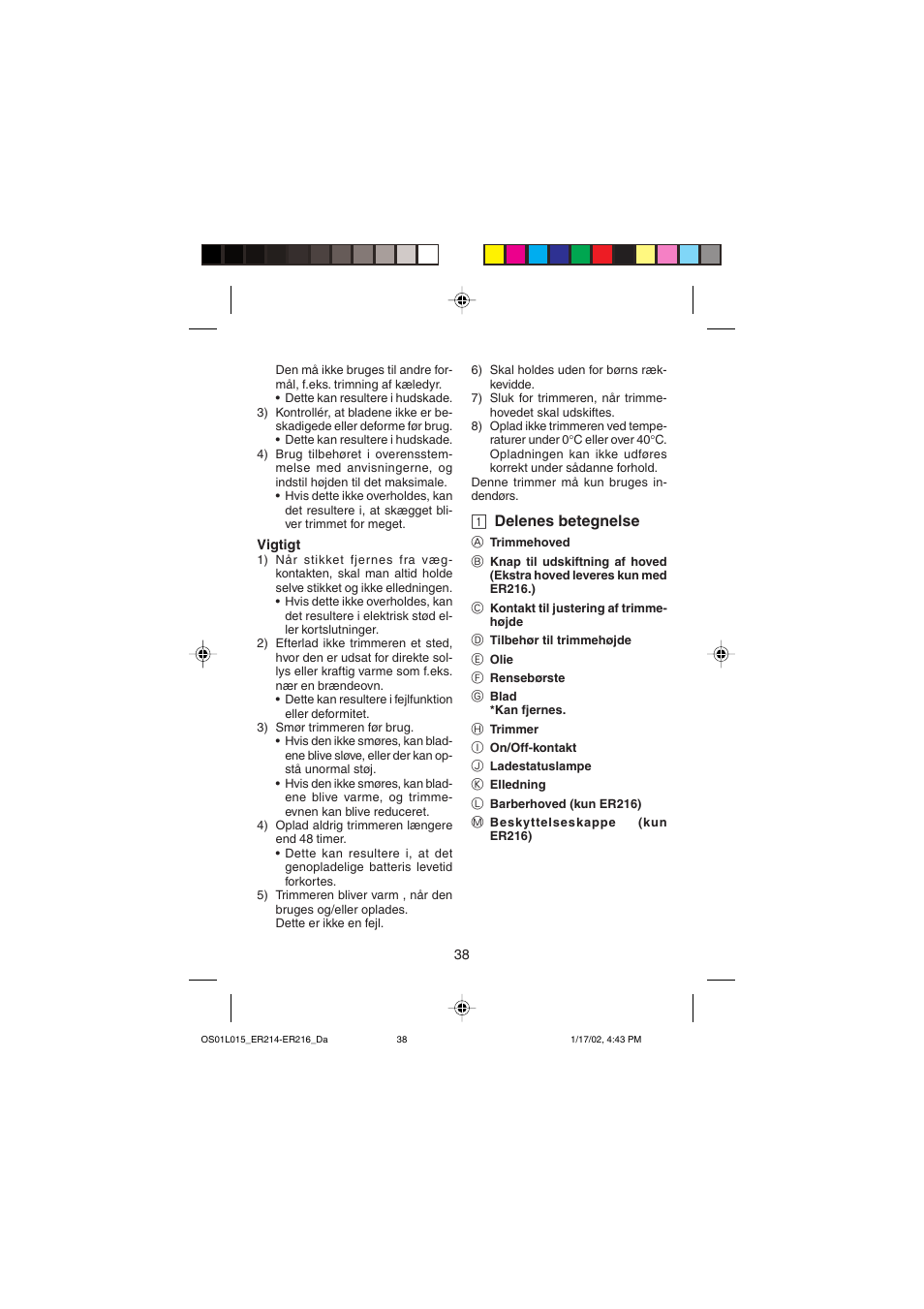 1 delenes betegnelse | Panasonic ER214/216 User Manual | Page 38 / 62