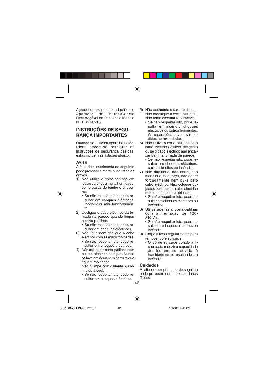 Instruções de segu- rança importantes | Panasonic ER214/216 User Manual | Page 42 / 62