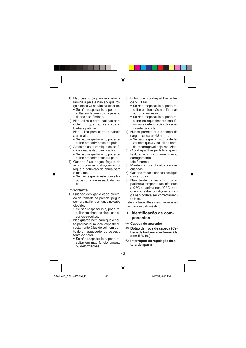 1 identificação de com- ponentes | Panasonic ER214/216 User Manual | Page 43 / 62