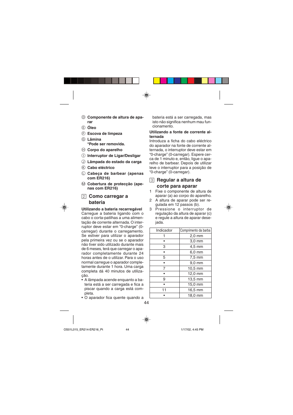 2 como carregar a bateria, 3 regular a altura de corte para aparar | Panasonic ER214/216 User Manual | Page 44 / 62