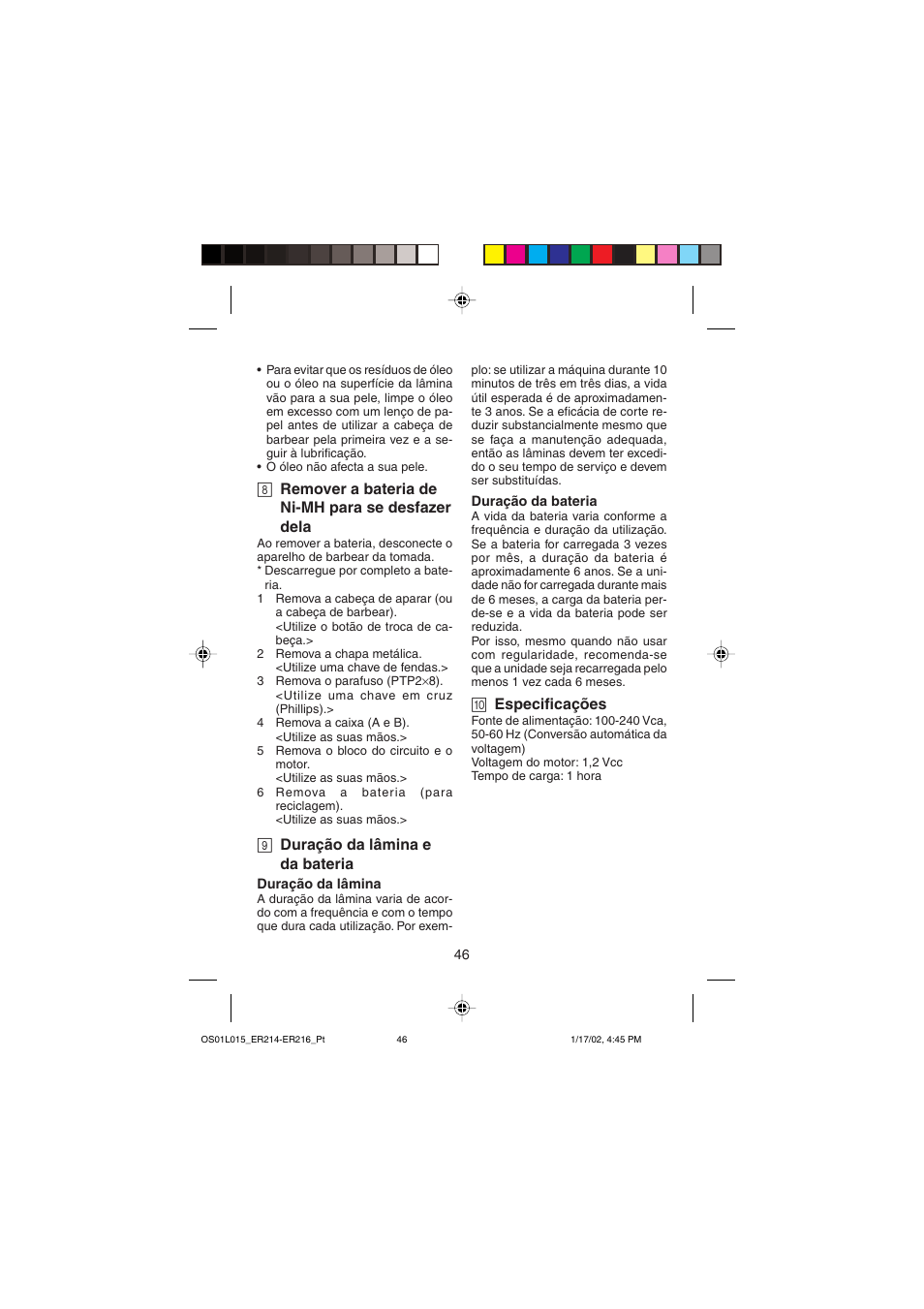 8 remover a bateria de ni-mh para se desfazer dela, 9 duração da lâmina e da bateria, 0 especificações | Panasonic ER214/216 User Manual | Page 46 / 62