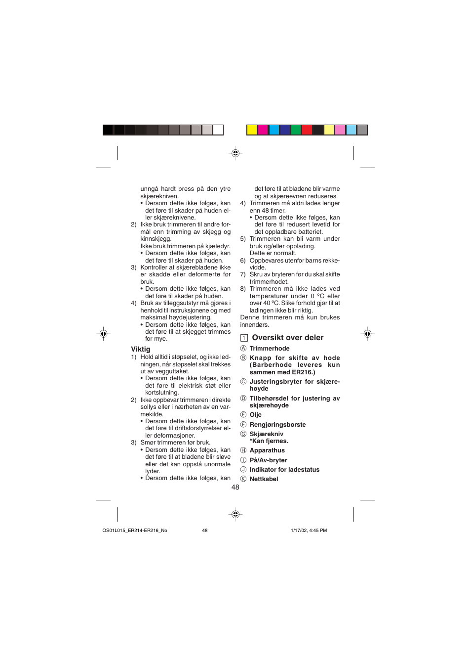 1 oversikt over deler | Panasonic ER214/216 User Manual | Page 48 / 62