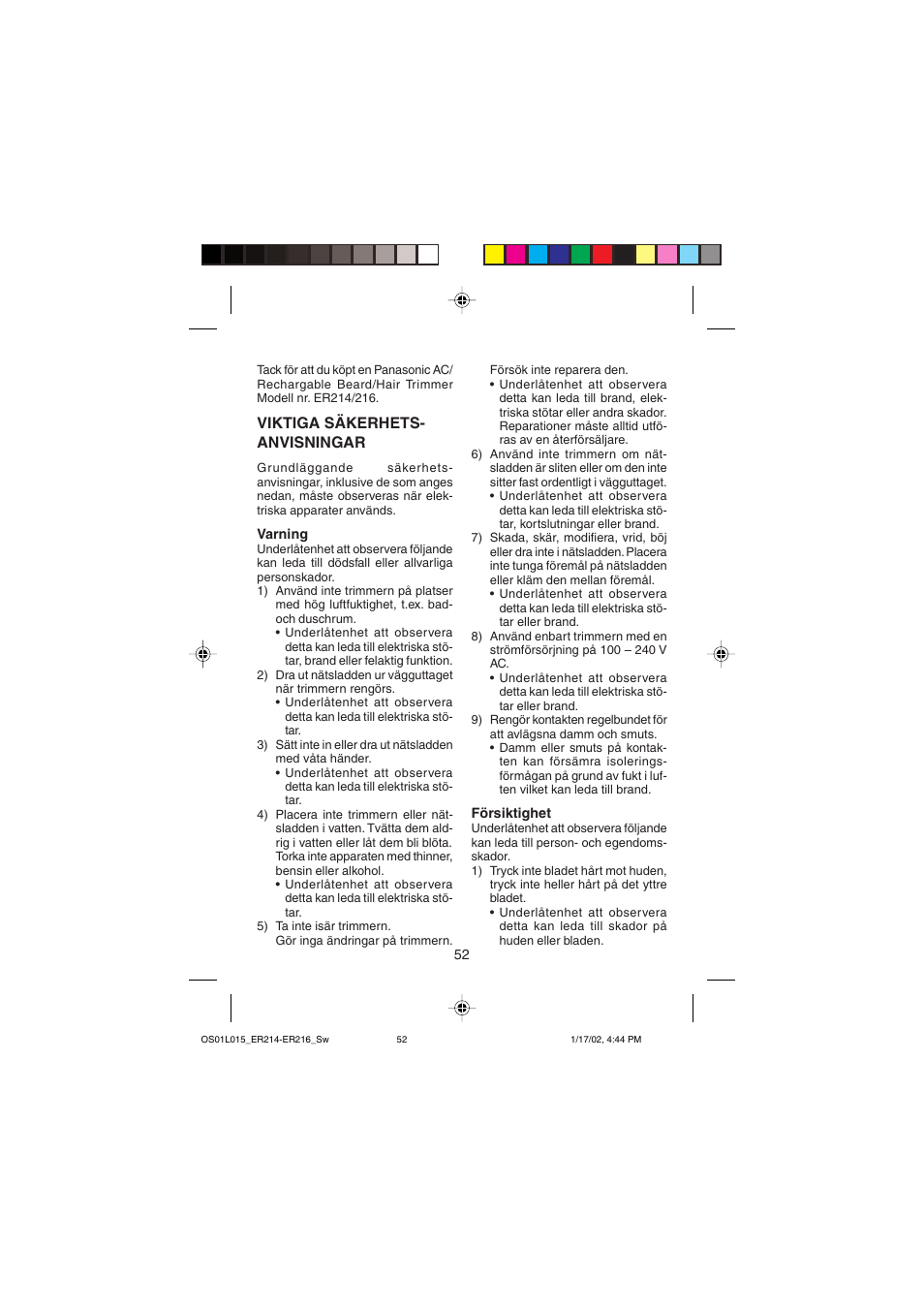 Viktiga säkerhets- anvisningar | Panasonic ER214/216 User Manual | Page 52 / 62