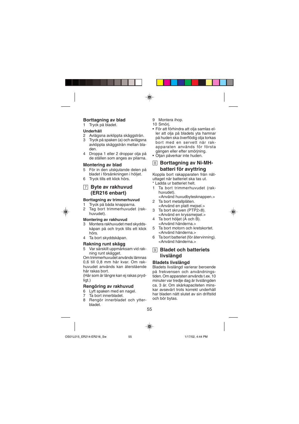 7 byte av rakhuvud (er216 enbart), 8 borttagning av ni-mh- batteri för avyttring, 9 bladet och batteriets livslängd | Panasonic ER214/216 User Manual | Page 55 / 62