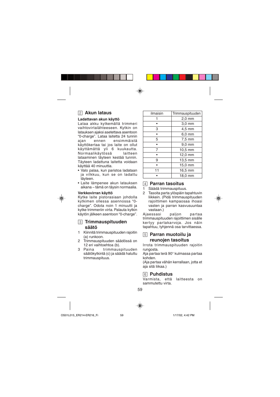 2 akun lataus, 3 trimmauspituuden säätö, 4 parran tasoitus | 5 parran muotoilu ja reunojen tasoitus, 6 puhdistus | Panasonic ER214/216 User Manual | Page 59 / 62