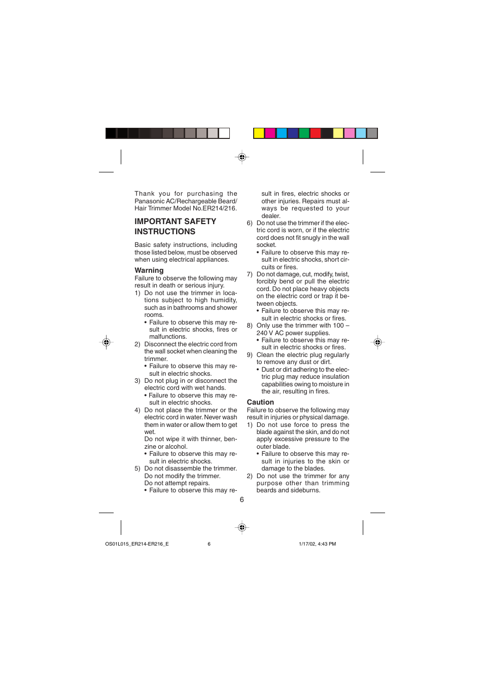 Important safety instructions | Panasonic ER214/216 User Manual | Page 6 / 62