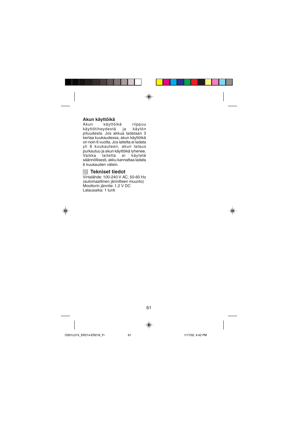 0 tekniset tiedot | Panasonic ER214/216 User Manual | Page 61 / 62