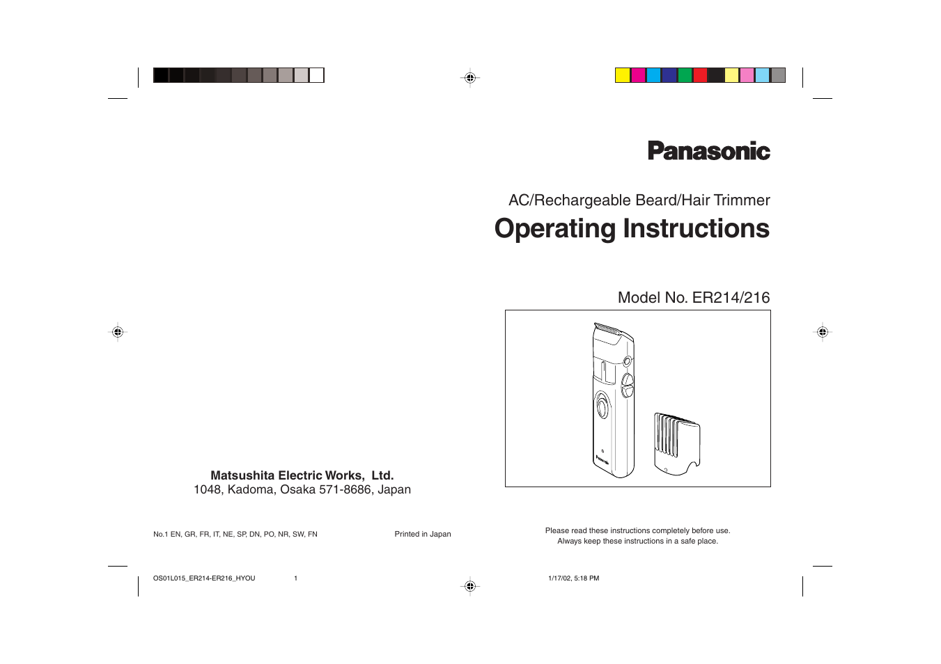 Operating instructions, Ac/rechargeable beard/hair trimmer | Panasonic ER214/216 User Manual | Page 62 / 62