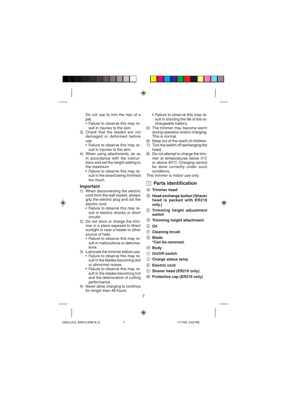 1 parts identification | Panasonic ER214/216 User Manual | Page 7 / 62