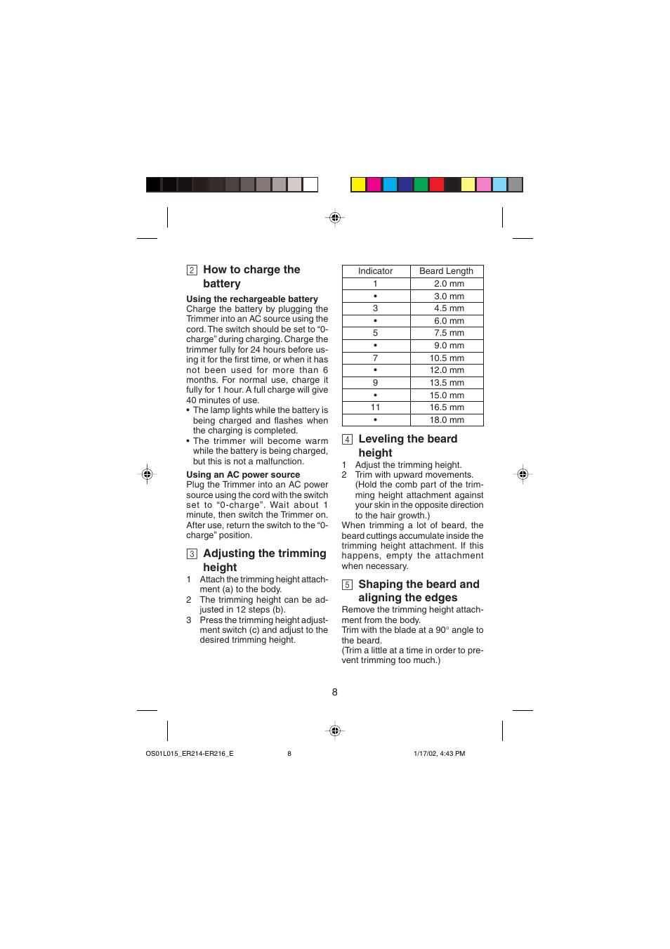 2 how to charge the battery, 3 adjusting the trimming height, 4 leveling the beard height | 5 shaping the beard and aligning the edges | Panasonic ER214/216 User Manual | Page 8 / 62