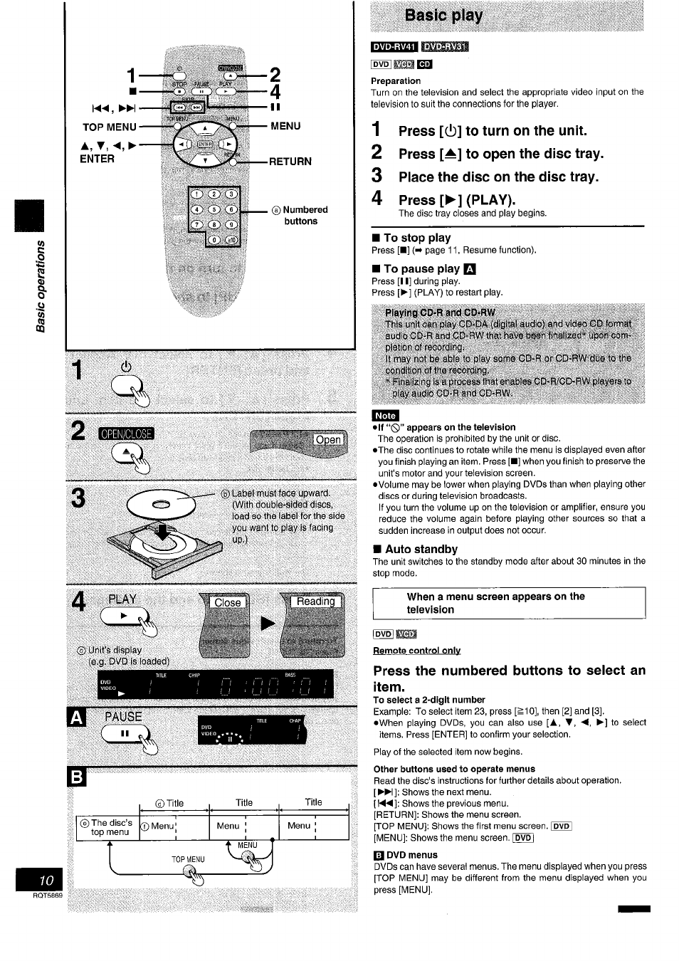 Basic play, Preparation, 1 press [(!)] to turn on the unit | 2 press [^] to open the disc tray, 3 piace the disc on the disc tray, 4 press [►] (play), If “0” appears on the television, When a menu screen appears on the television, Dydussil, Press the numbered buttons to select an item | Panasonic DVD-RV41 User Manual | Page 10 / 32
