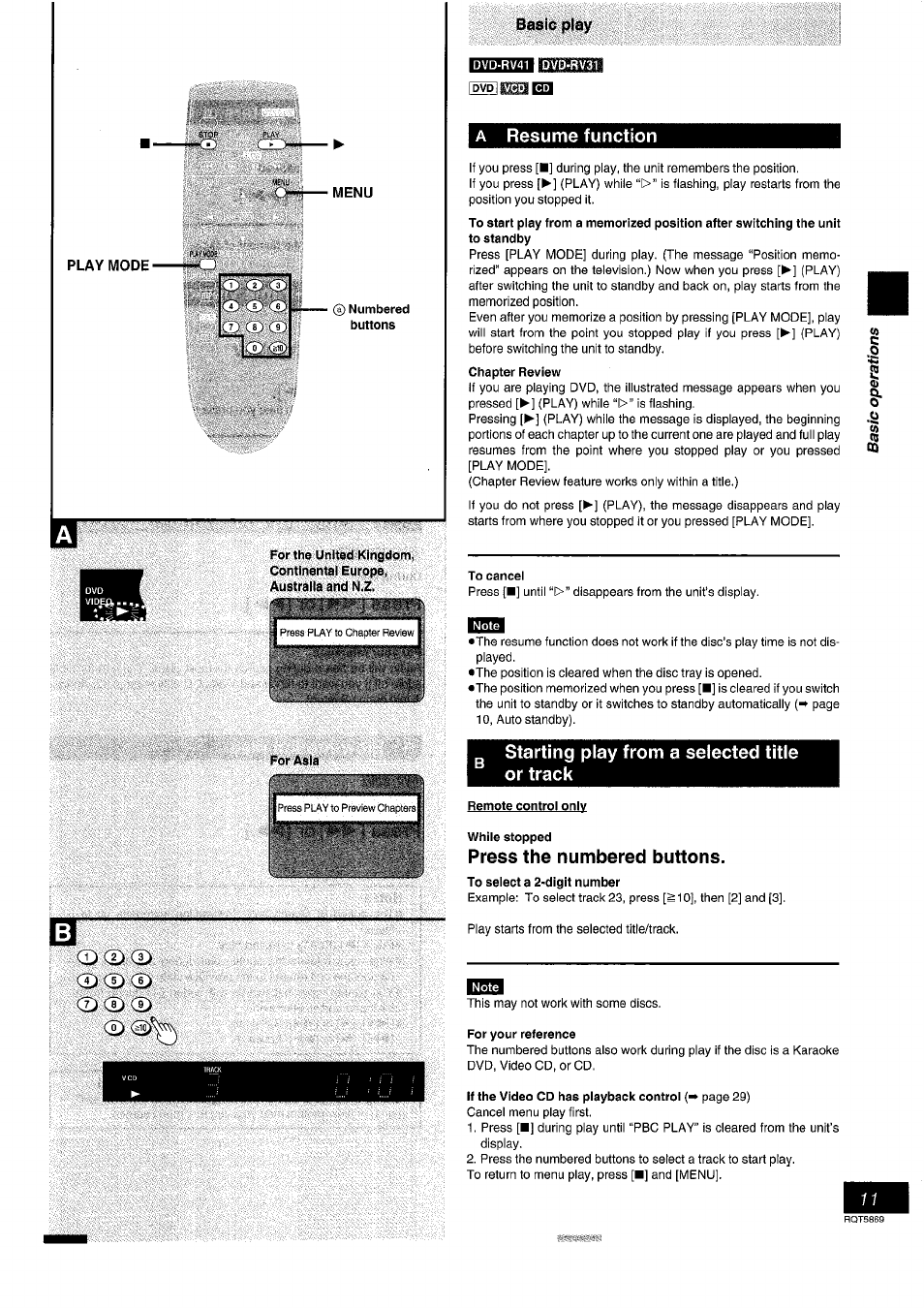 Play mode, Basfoplay, A resume function | Chapter review, To cancel, Starting play from a selected title or track, Remote control only while stopped, Press the numbered buttons, For your reference, Resume function | Panasonic DVD-RV41 User Manual | Page 11 / 32
