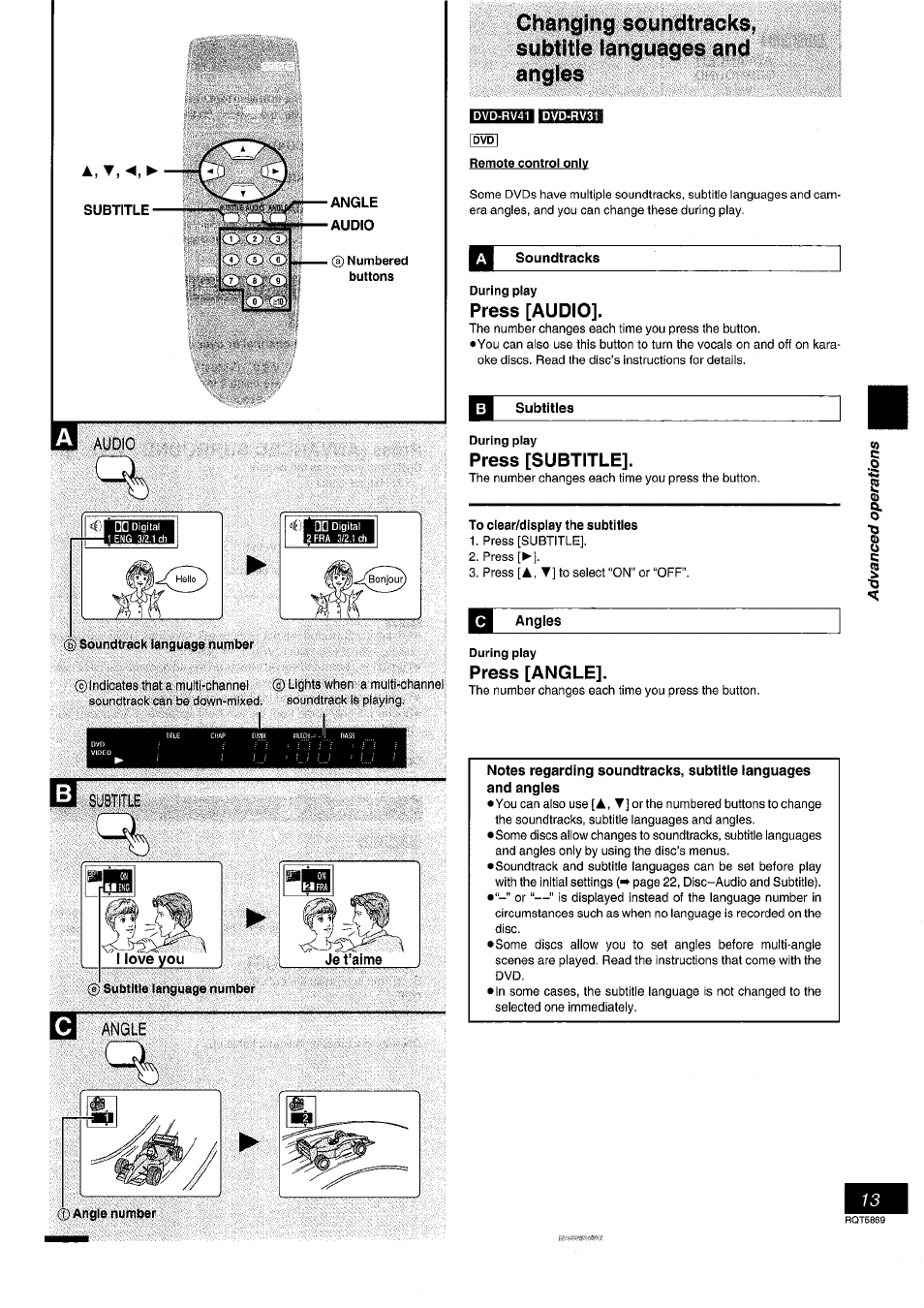 G) soundtracklanguage number, Subtitle language number, Soundtracks | During play, Subtitles, To clear/display the subtitles, Angles, Press [audio, Press [subtitle, Press [angle | Panasonic DVD-RV41 User Manual | Page 13 / 32