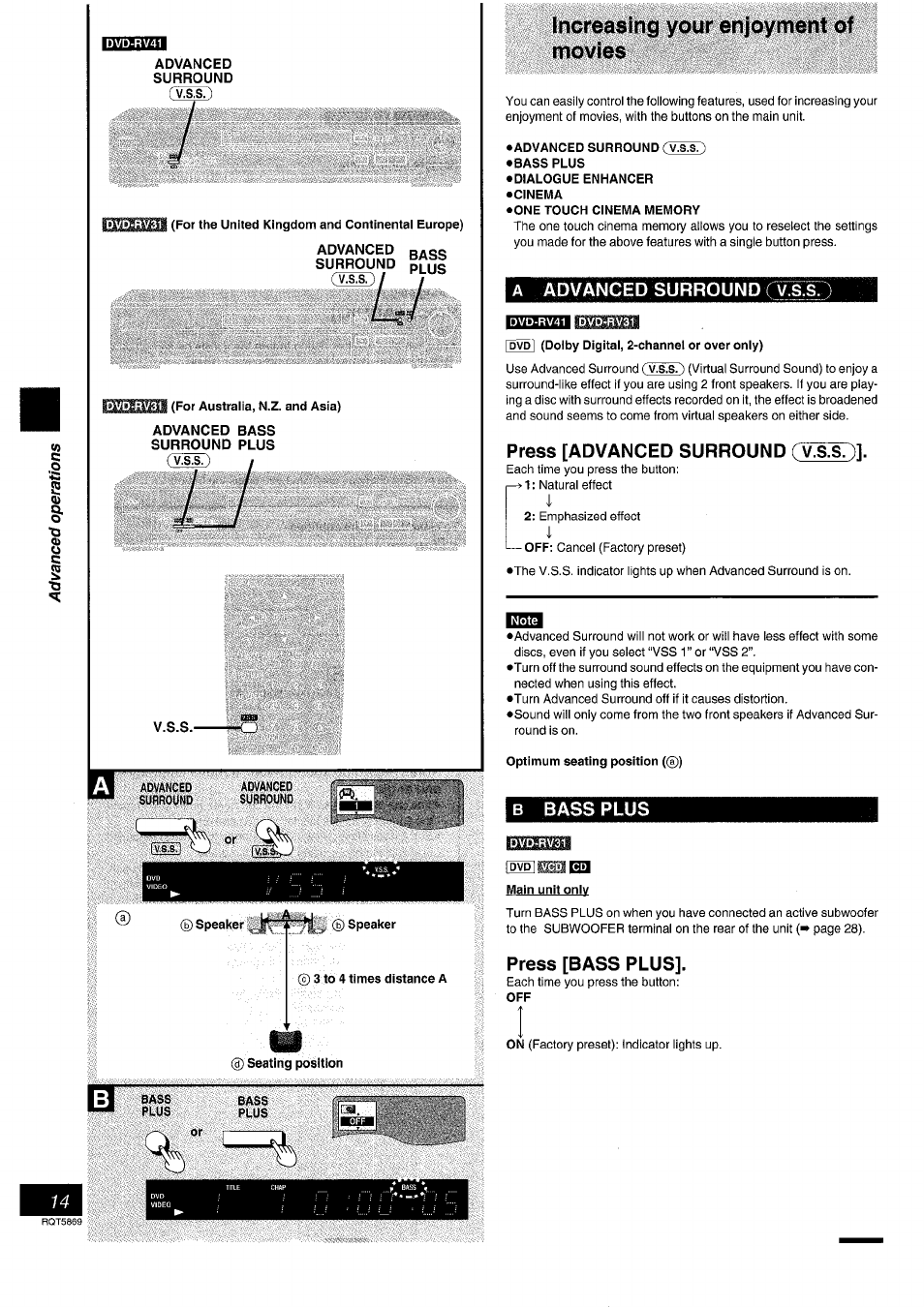 Dvd-rv31, Advanced surround, For the united kingdom and continental europe) | Advanced, Bass, Surround spiiq, Limi (for australia, n.z. and asia), Advanced bass surround plus, V.s.s, 3 to 4 times distance a | Panasonic DVD-RV41 User Manual | Page 14 / 32