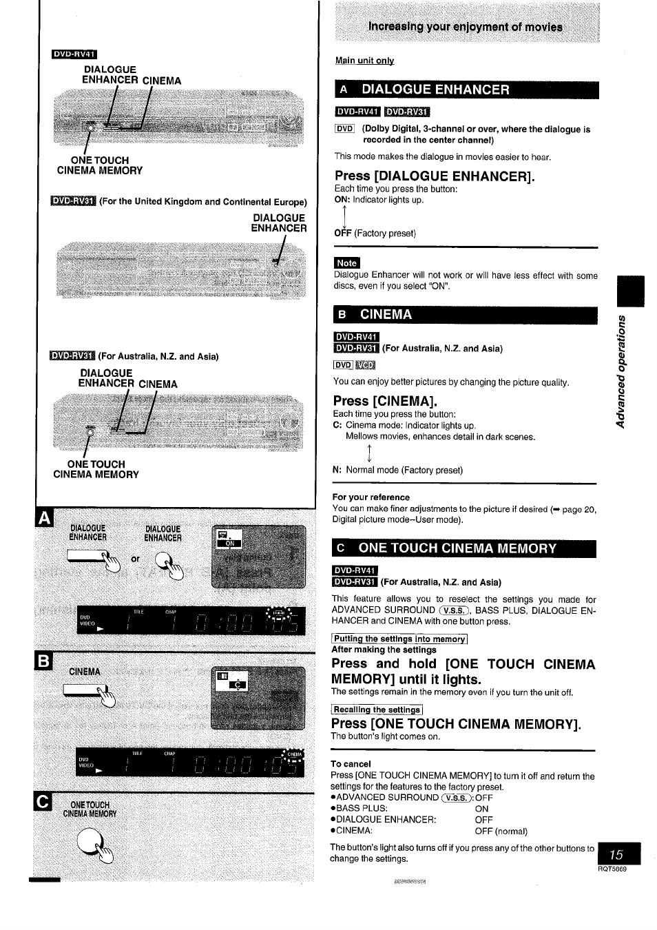 For the united kingdom and continental europe), Dialogue, Enhancer | For australia, n.z. and asia), Dialogue enhancer cinema, Cinema, Onetouch cinema memory, Main unit only, Dvd-rv41 idvd-rv3i, For your reference | Panasonic DVD-RV41 User Manual | Page 15 / 32