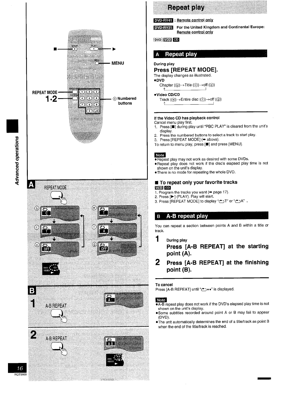 Repeat play, Remote control only, Dw]mea | A repeat play, During play, Press [repeat mode, Video cd/cd, If the video cd has playback control, B a-b repeat play, 1 during play | Panasonic DVD-RV41 User Manual | Page 16 / 32