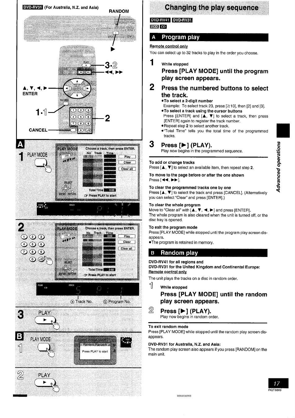 Enter, A program play, Remote control only | 2 press the numbered buttons to select the track, 3 press [►] (play), To add or change tracks, B random play, Dvd-rv41 for all regions and, I press [►] (play), To exit random mode | Panasonic DVD-RV41 User Manual | Page 17 / 32