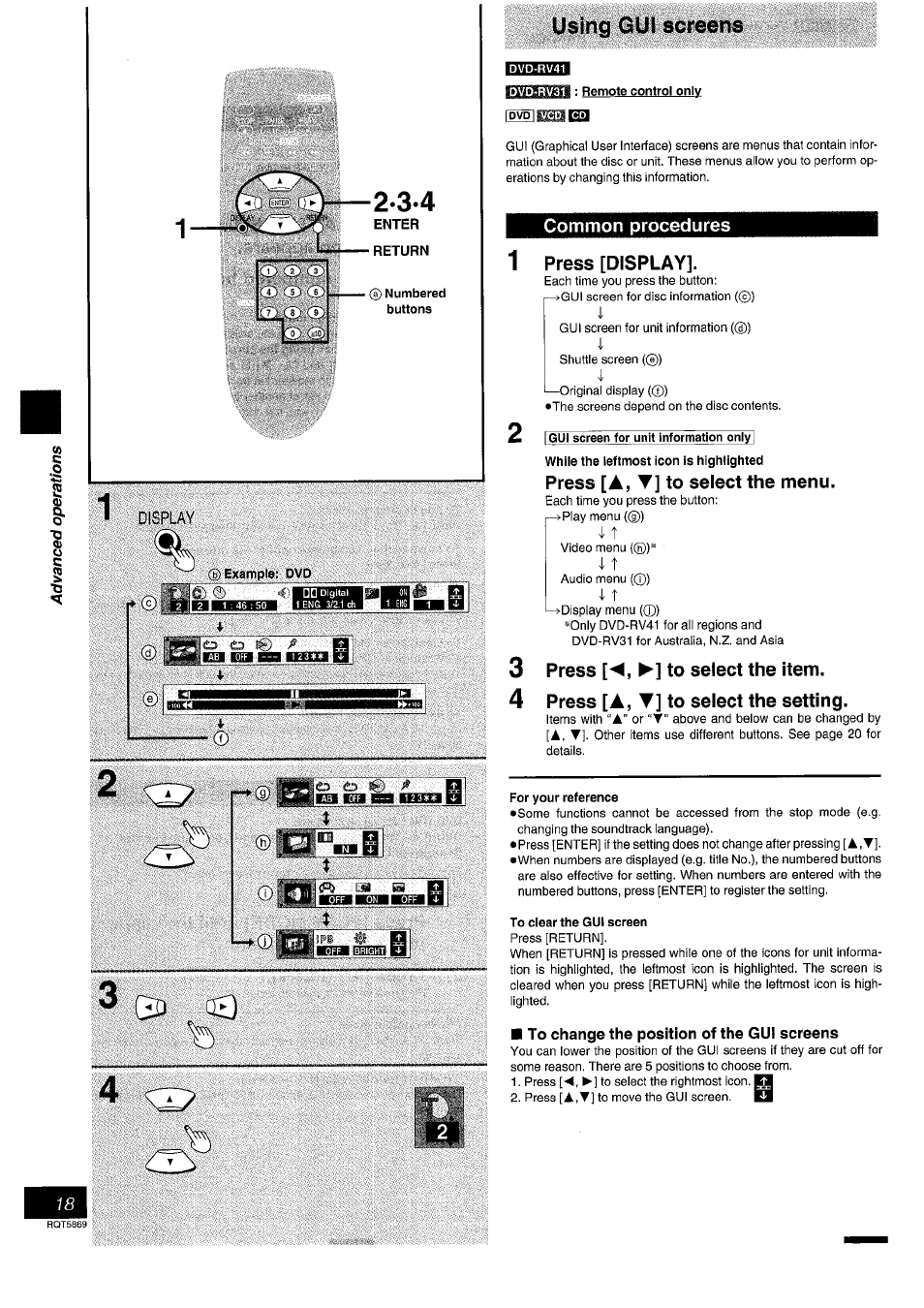 Numbered buttons, Example; ovd, Using gui screens | Common procedures, Press [display, Press [a, t] to select the menu, Press to select the item, Press [a, ▼] to select the setting, For your reference, To clear the gui screen | Panasonic DVD-RV41 User Manual | Page 18 / 32