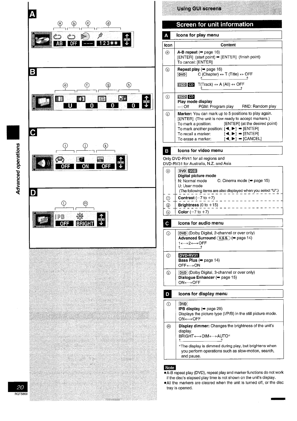 Screen for unit information, Icons for play menu, Icon | Content, Play mode display, Icons for video menu, Digital picture mode, Icons for audio menu, Dvd-rv31, Icons for display menu | Panasonic DVD-RV41 User Manual | Page 20 / 32