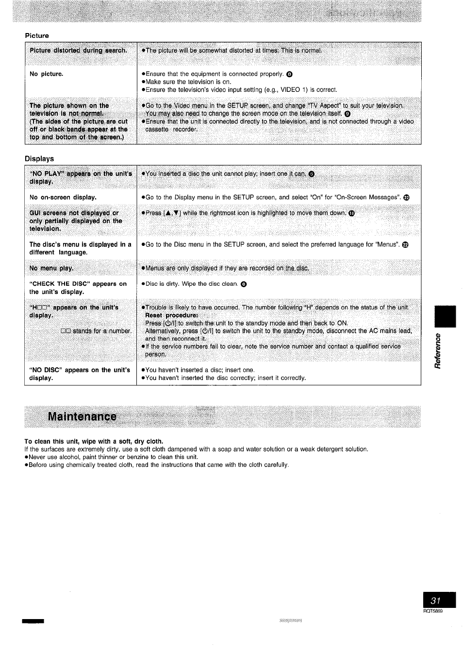 Maintenance, To clean this unit, wipe with a soft, dry cloth | Panasonic DVD-RV41 User Manual | Page 31 / 32