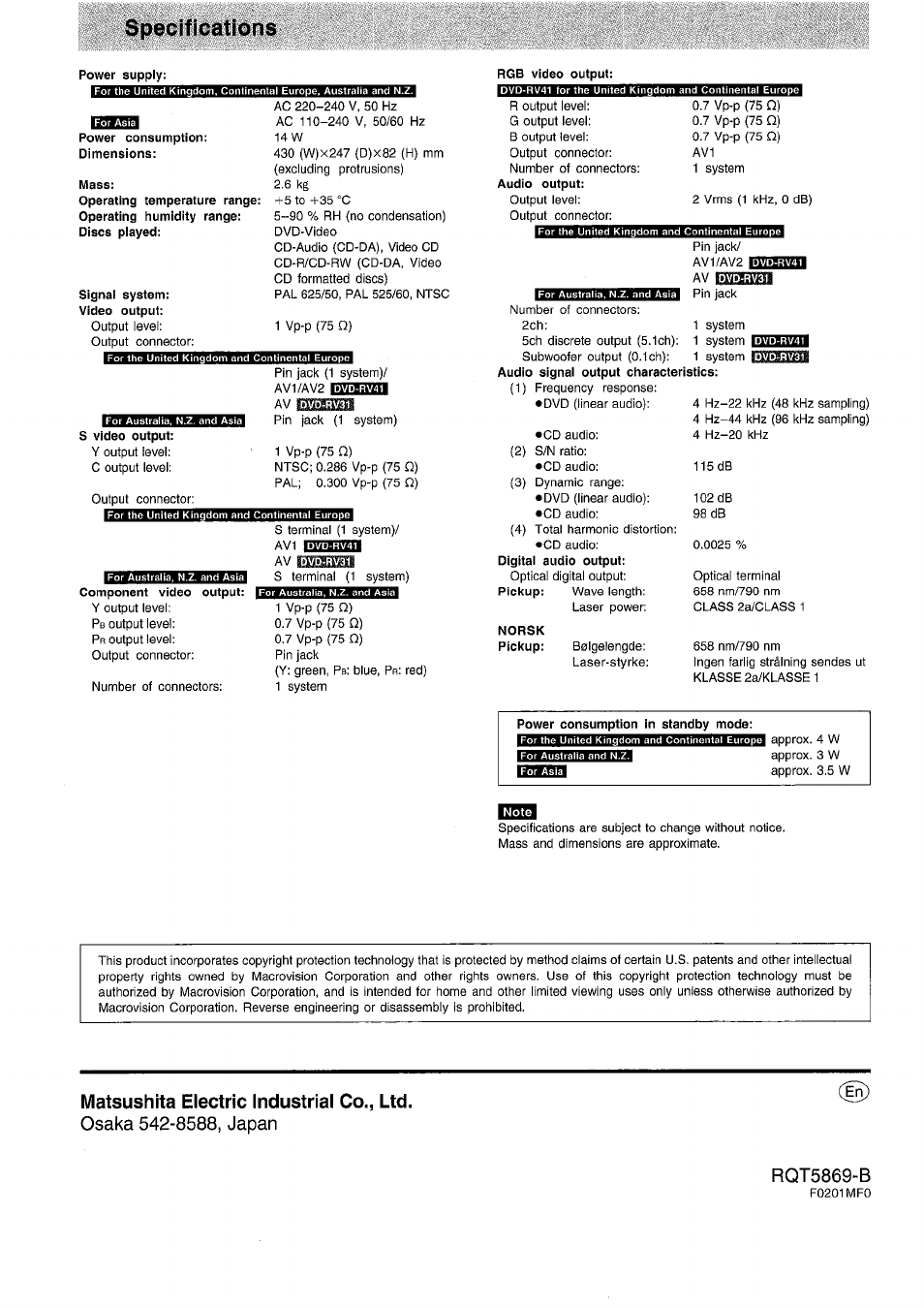Specifications, Power consumption; dimensions, Mass | Signal system: video output, Component video output, Rgb video output, Power consumption in standby mode, Matsushita electric industrial co., ltd | Panasonic DVD-RV41 User Manual | Page 32 / 32
