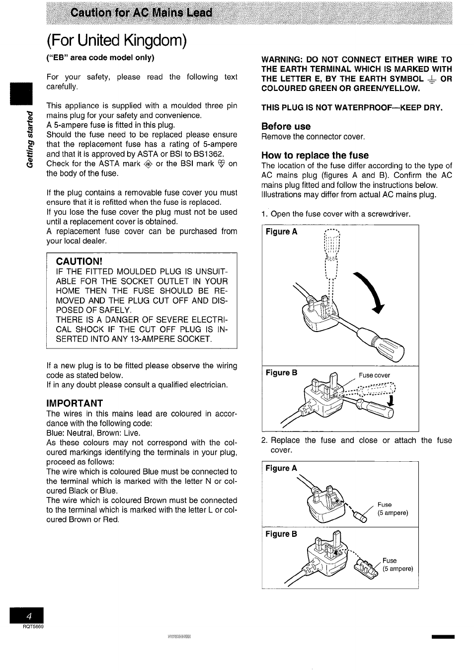 Important, Before use, How to replace the fuse | For united kingdom), Caution for ac mains lead | Panasonic DVD-RV41 User Manual | Page 4 / 32
