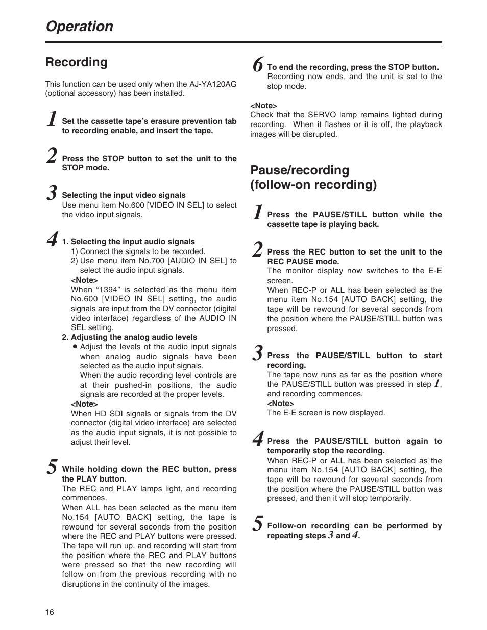 Recording, Pause / recording(follow-on recording), Operation | Panasonic AJ-P User Manual | Page 16 / 56