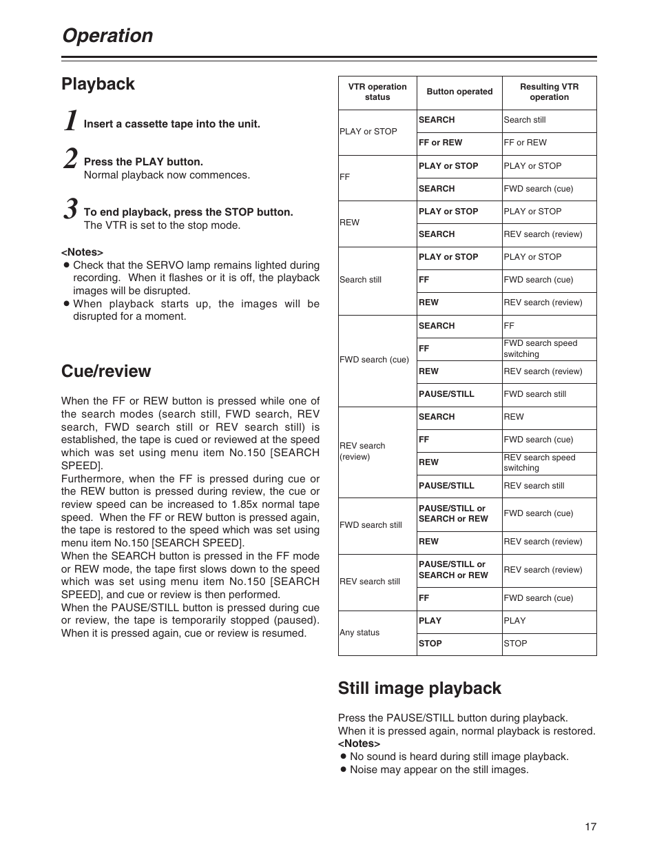 Playback, Cue / review, Still image playback | Operation, Cue/review | Panasonic AJ-P User Manual | Page 17 / 56