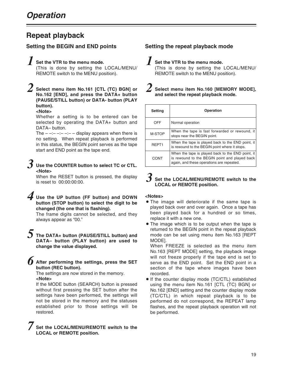 Repeat playback, Operation | Panasonic AJ-P User Manual | Page 19 / 56