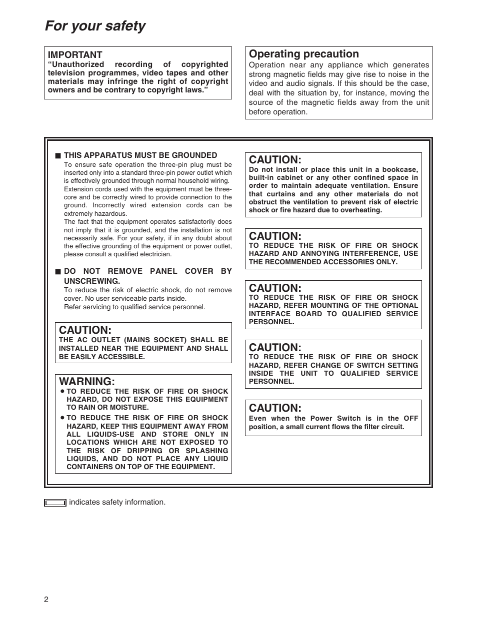 For your safety, Caution, Warning | Operating precaution | Panasonic AJ-P User Manual | Page 2 / 56