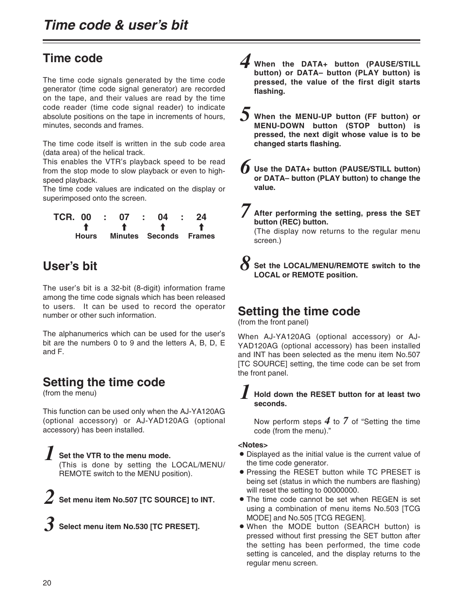 Time code & user's bit, Time code, User's bit | Setting the time code (from the menu), Setting the time code (from the panel), Time code & user’s bit, User’s bit, Setting the time code | Panasonic AJ-P User Manual | Page 20 / 56