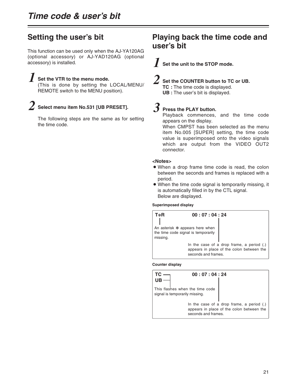 Setting the user's bit, Playing back the time code and user's bit, Time code & user’s bit | Setting the user’s bit, Playing back the time code and user’s bit | Panasonic AJ-P User Manual | Page 21 / 56
