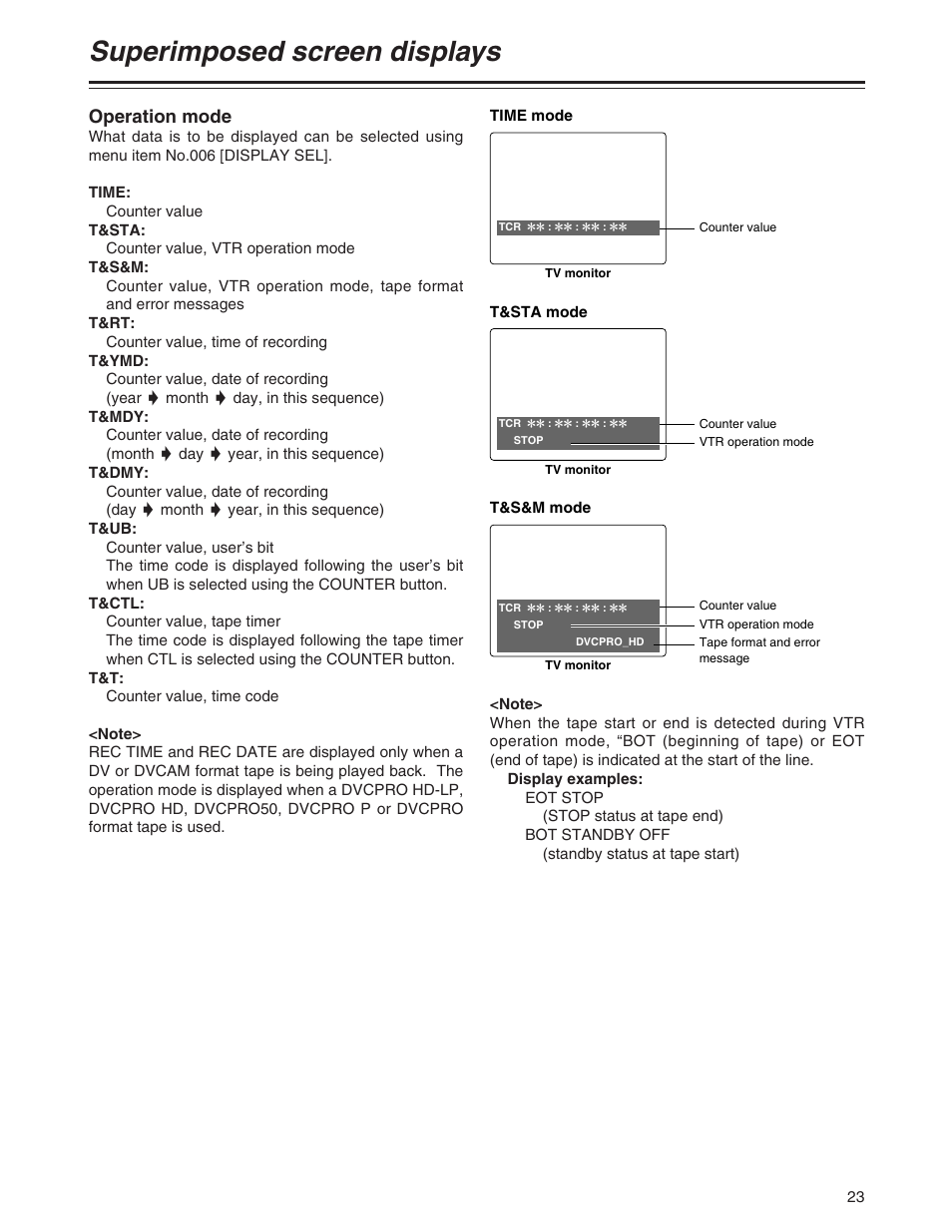 Superimposed screen displays, Operation mode | Panasonic AJ-P User Manual | Page 23 / 56
